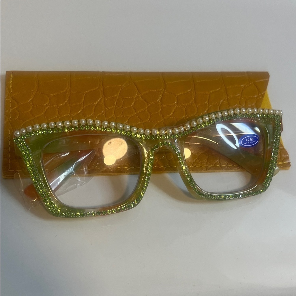 Green Rhinestone Reading glasses with Pearl Accents